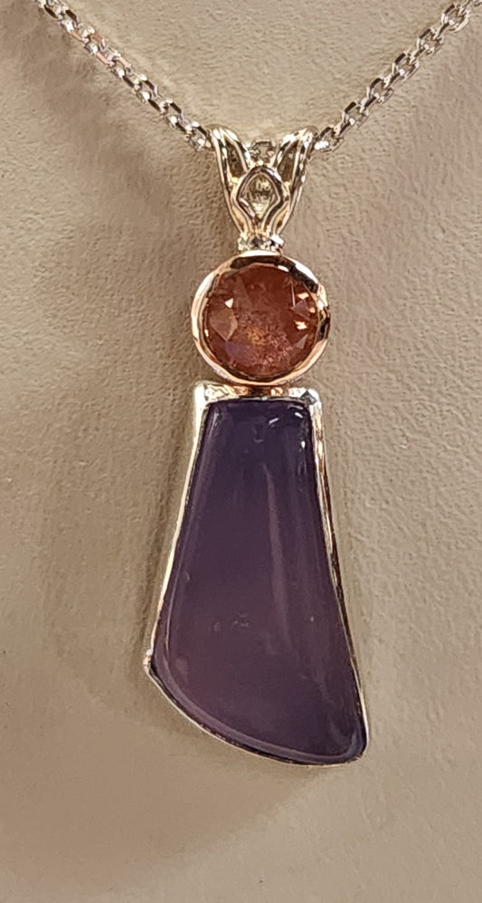 11.68ct Fancy cabochon Holley blue agate with 1.02ct Oregon sunstone necklace.