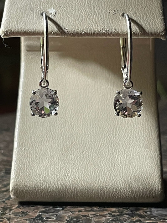 2.90cttw Mason County Clear Topaz Lone Brilliant Star Cut Mounted in a Sterling Silver dangle lever back earrings.