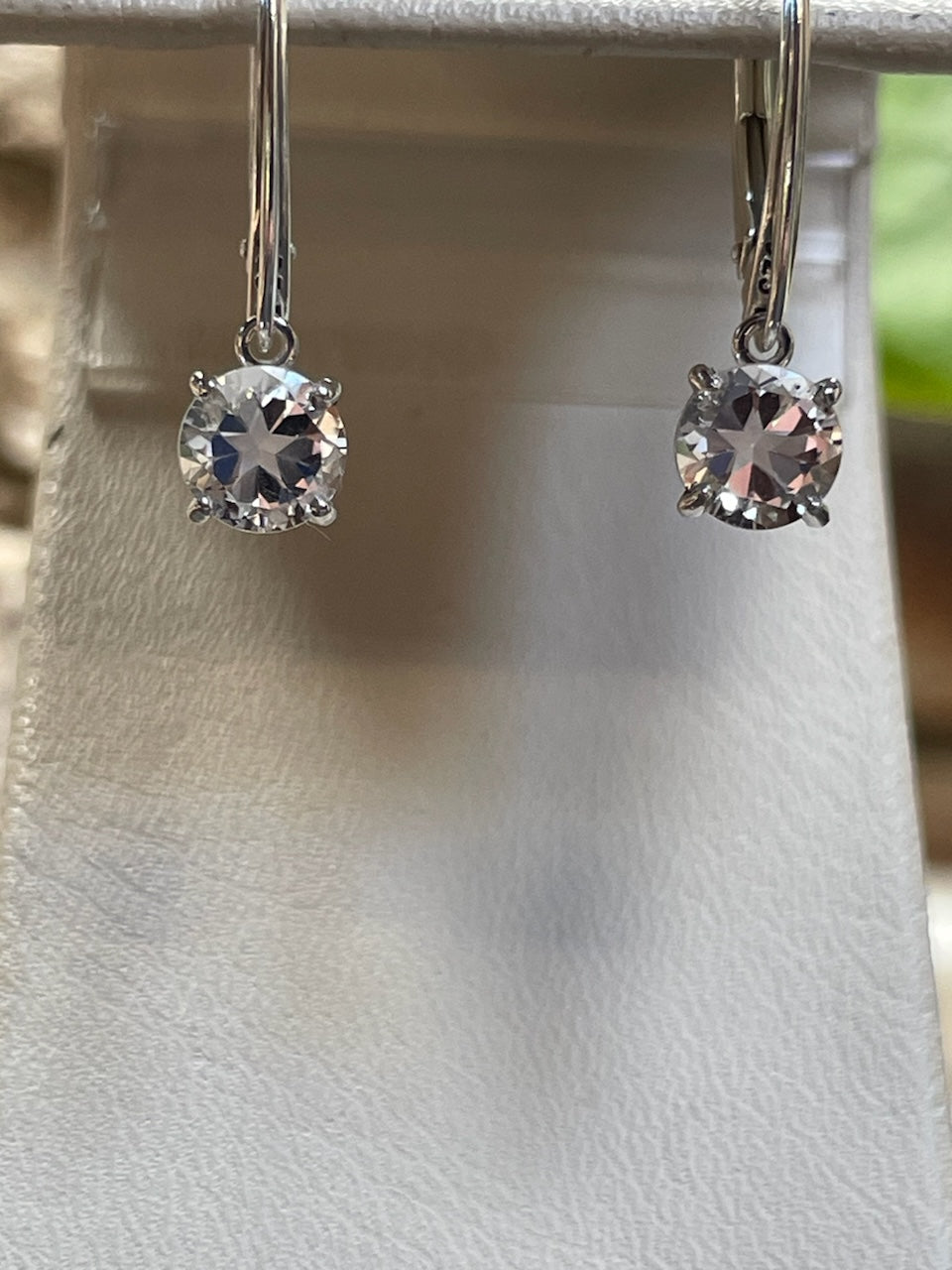 1.90cttw Mason County Clear Topaz Lone Brilliant Star Cut Mounted in a Sterling Silver dangle leverback earrings.